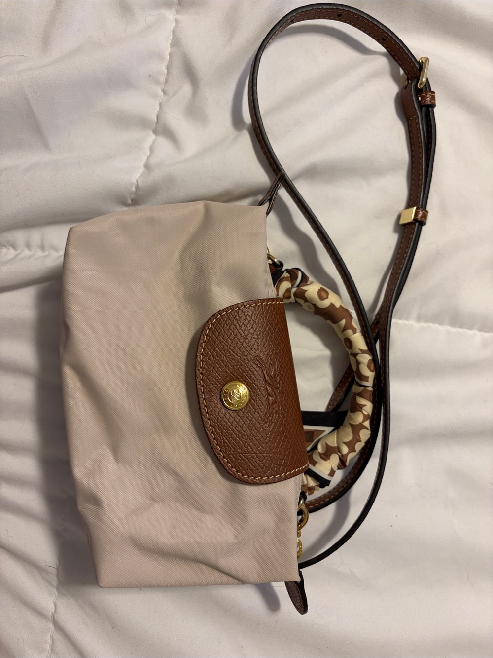 Longchamp Crossbody Bag in Light Beige with Brown Trim